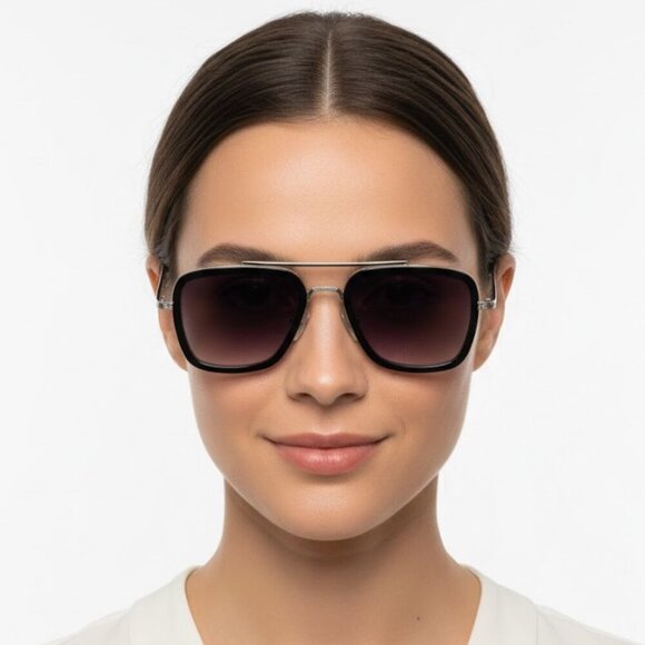 Accessories - Unisex Black/Silver Aviator Square Sunglasses Medium